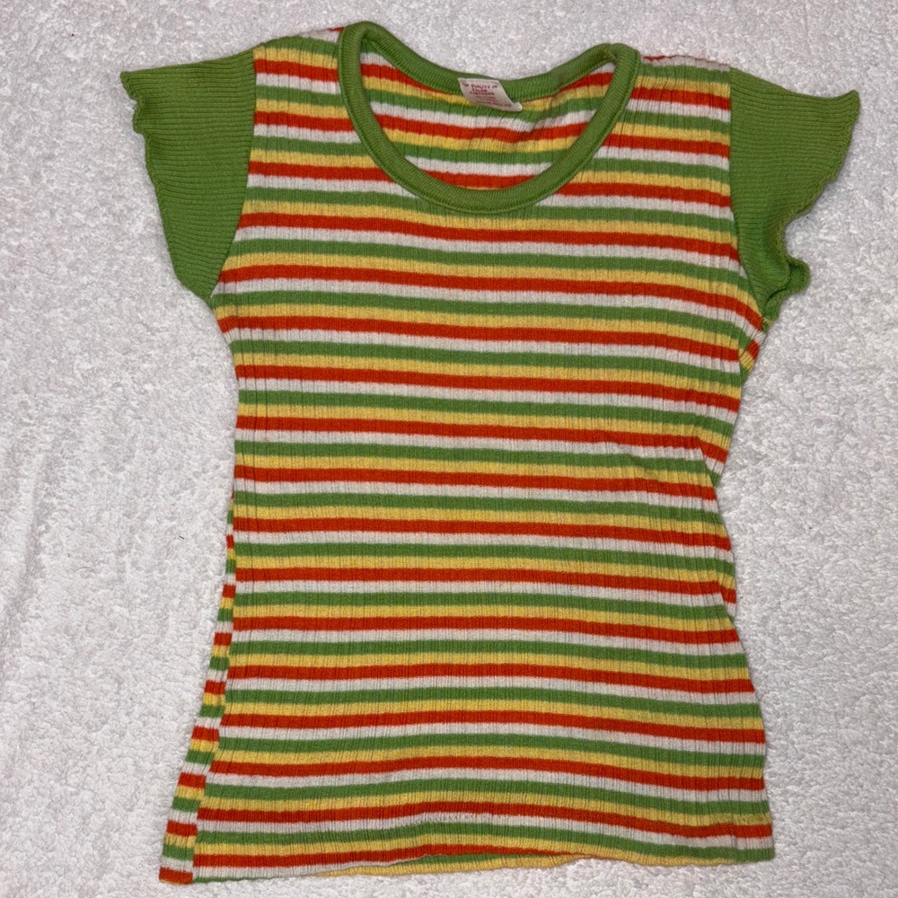 Vintage Buster Brown Green orange yellow Striped stretch Kids Tee girls 6